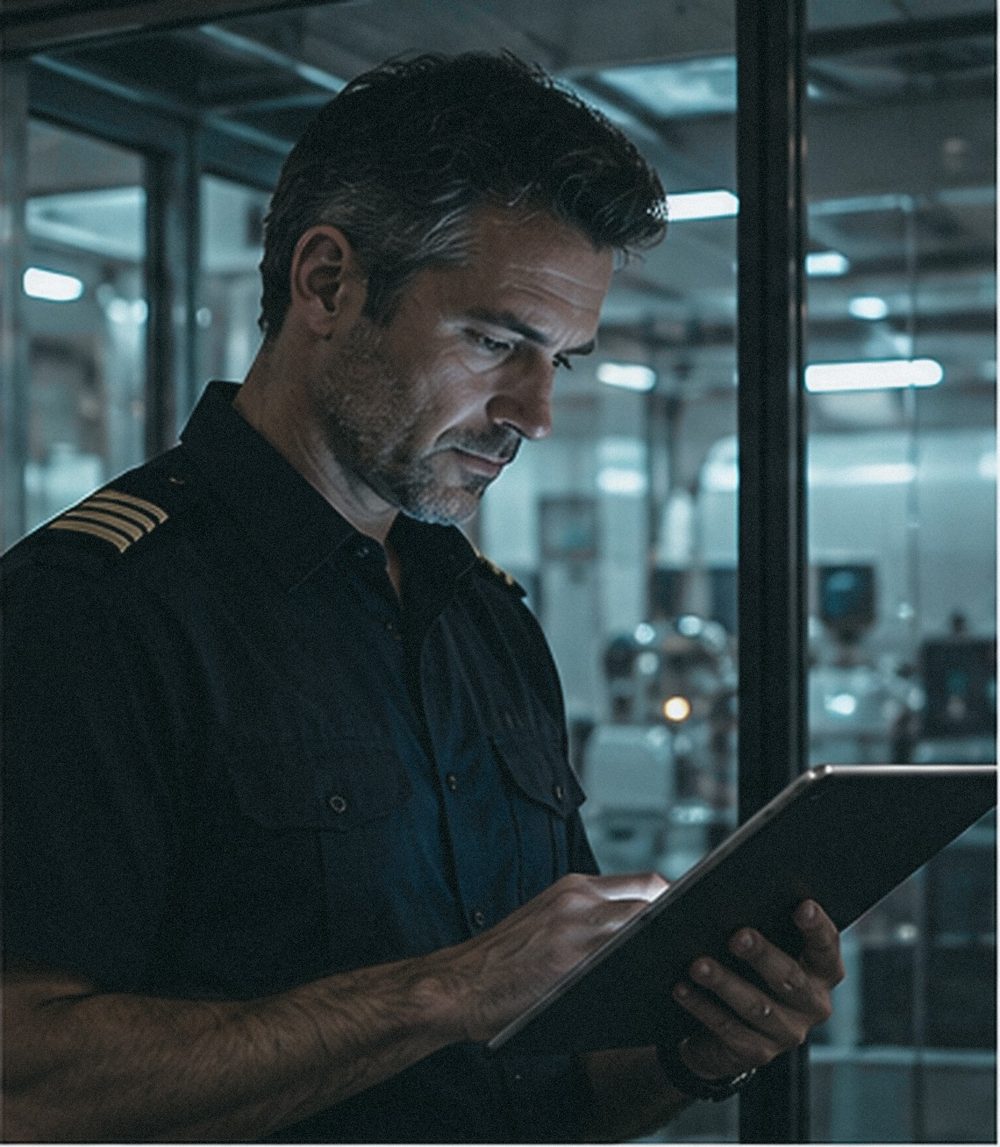 A ship’s engineer reading a tablet outside the engine room